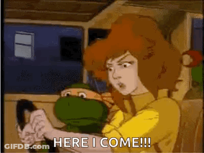 Cartoon Character Holding Turtle Saying Here I Come GIF
