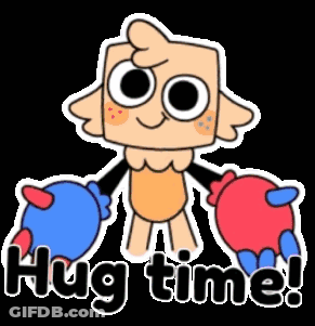 Cartoon Character Holding Two Balloons Saying Hug Time GIF