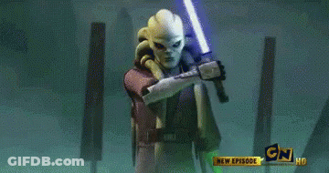 Cartoon Character Holding Two Lightsabers In Front Of CN Sign GIF