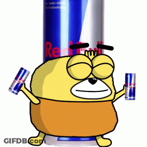 Cartoon Character Holding Two Red Bull Cans GIF