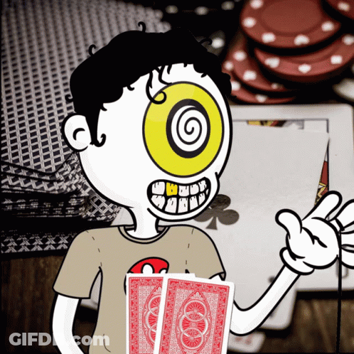 Cartoon Character Holding Two Red Playing Cards GIF