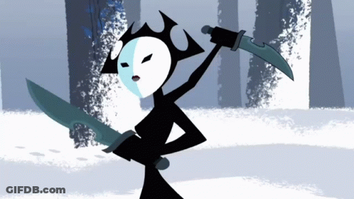 Cartoon Character Holding Two Swords In Snowy Forest GIF