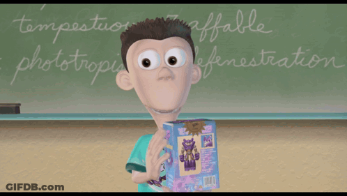 Cartoon Character Holding Ultra Lord Cereal Box GIF