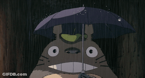 Cartoon Character Holding Umbrella With Leaf On Head GIF