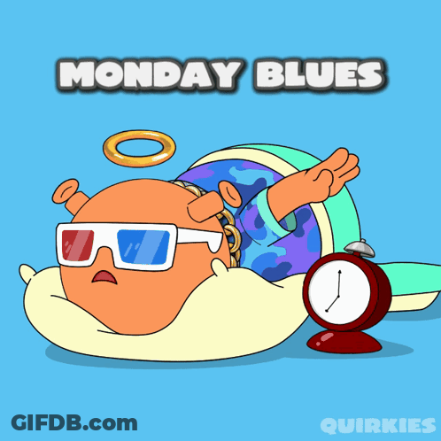Cartoon Character In 3D Glasses Laying On Pillow With Alarm Clock Monday Blues GIF