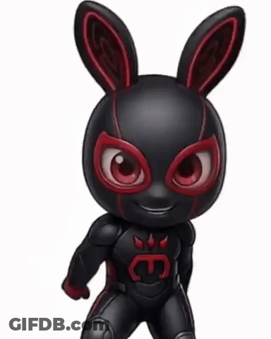 Cartoon Character In Black And Red Suit With Letter E GIF