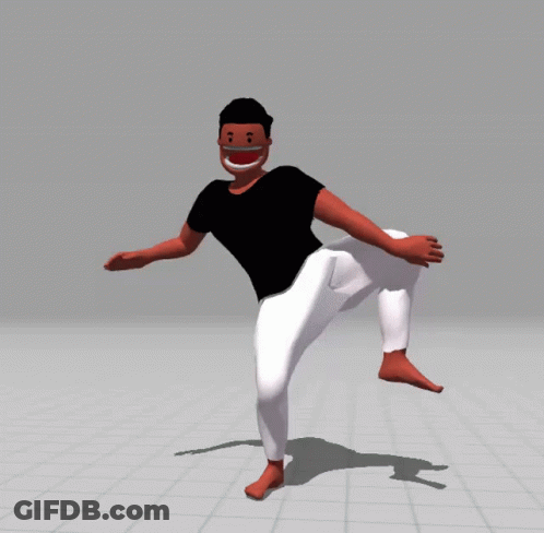 Cartoon Character In Black Shirt And White Pants Standing On One Leg GIF