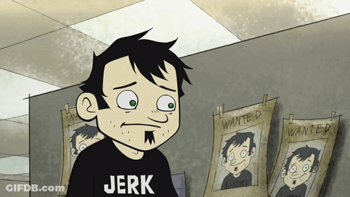 Cartoon Character In Black Shirt Saying Jerk GIF