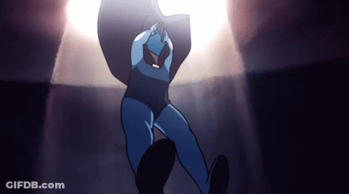 Cartoon Character In Blue Bodysuit Dancing GIF