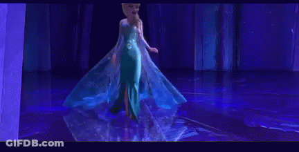 Cartoon Character In Blue Dress Arms Outstretched On Stage GIF