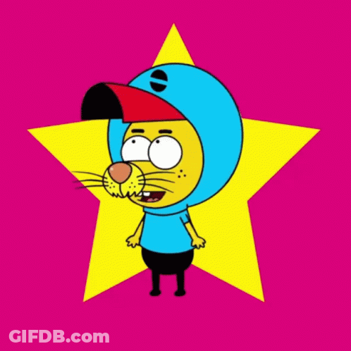Cartoon Character In Blue Hat And Blue Shirt In Front Of Pink Star GIF