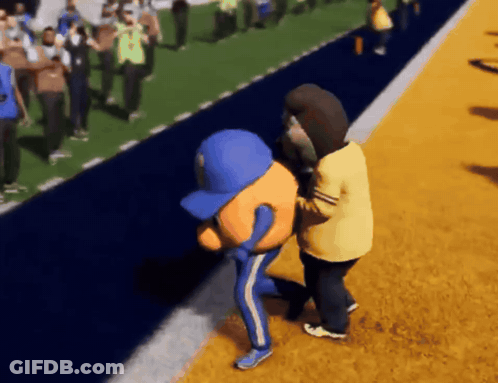 Cartoon Character In Blue Hat Being Pushed GIF