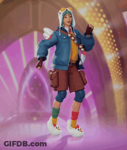 Cartoon Character In Blue Jacket And Brown Shorts Dancing GIF