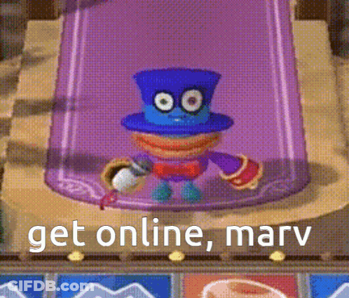 Cartoon Character In Blue Top Hat With Microphone Says Get Online Marv GIF