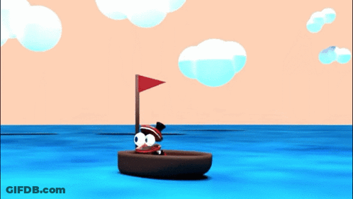 Cartoon Character In Boat With Red Flag GIF