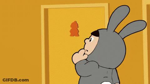 Cartoon Character In Bunny Costume Walking Between Yellow Doors GIF