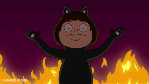 Cartoon Character In Cat Costume With Flames GIF