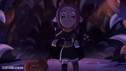Cartoon Character In Cave With Purple Cloud GIF
