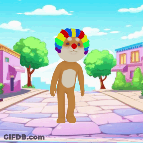 Cartoon Character In Clown Wig On Sidewalk GIF