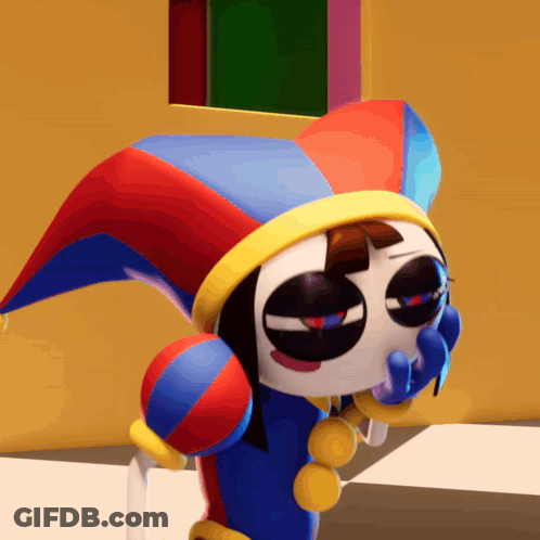 Cartoon Character In Colorful Jester Hat And Necklace GIF
