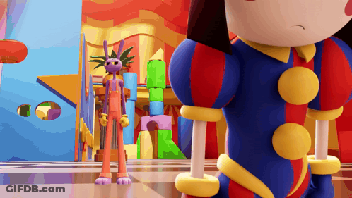 Cartoon Character In Colorful Outfit Next To Another Character GIF