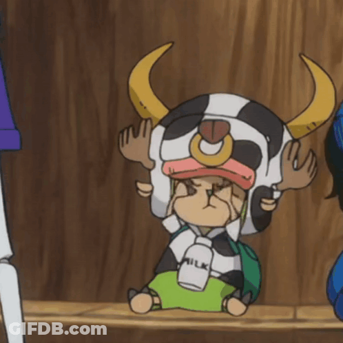 Cartoon Character In Cow Hat Holding Milk Bottle GIF