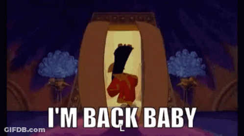 Cartoon Character In Doorway Saying I'm Back Baby GIF