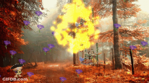 Cartoon Character In Forest With Purple Flowers And Fire GIF