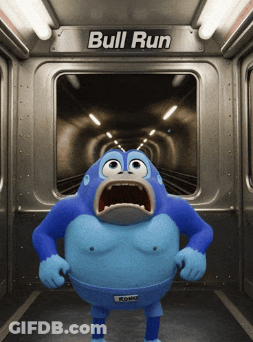 Cartoon Character In Front Of Bull Run Sign GIF