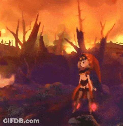 Cartoon Character In Front Of Burning Field GIF