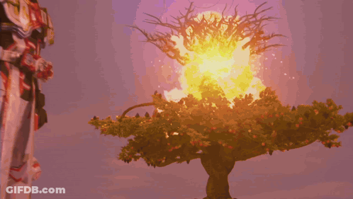 Cartoon Character In Front Of Burning Tree GIF