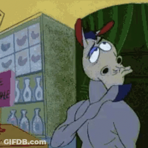 Cartoon Character In Front Of Chicken Shelf GIF
