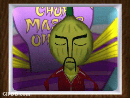 Cartoon Character In Front Of Chop Mas On Sign GIF