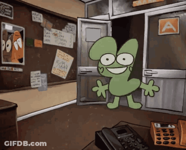 Cartoon Character In Front Of Door With Sign A GIF