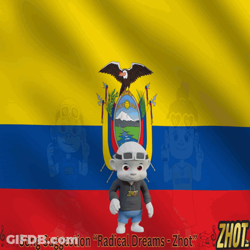 Cartoon Character In Front Of Ecuadorian Flag GIF