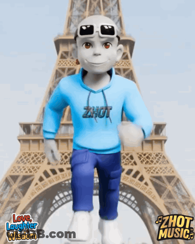 Cartoon Character In Front Of Eiffel Tower Wearing Zhot Hoodie GIF