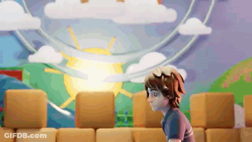 Cartoon Character In Front Of Ferris Wheel With Sun Through Clouds GIF