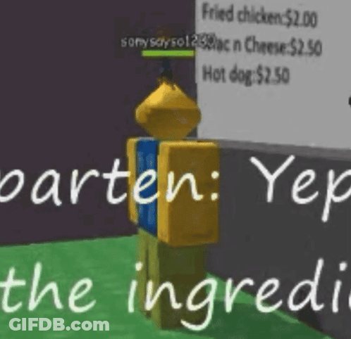 Cartoon Character In Front Of Fried Chicken $2.00 Hot Dog $2.50 Sign GIF