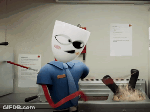 Cartoon Character In Front Of Fryer GIF