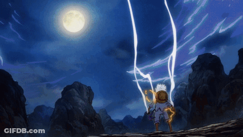 Cartoon Character In Front Of Full Moon With Lightning GIF
