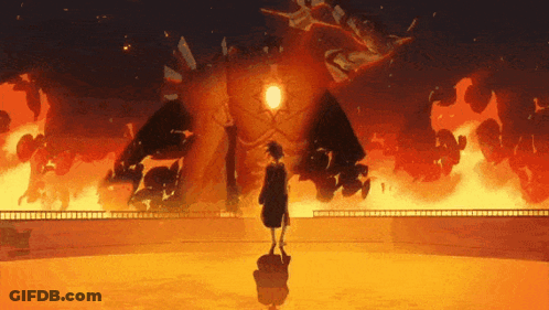 Cartoon Character In Front Of Huge Monster GIF