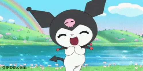 Cartoon Character In Front Of Lake And Rainbows GIF