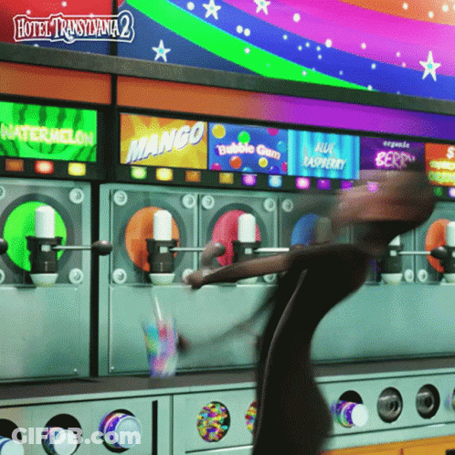 Cartoon Character In Front Of Machine Saying Watermelon Mango Bubble Gum And Blue Raspberry GIF