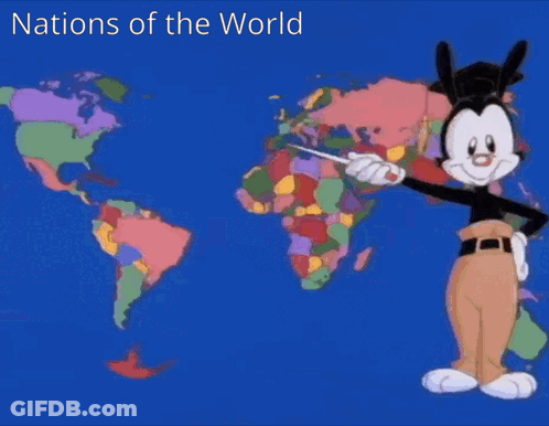 Cartoon Character In Front Of Map Nations Of The World GIF