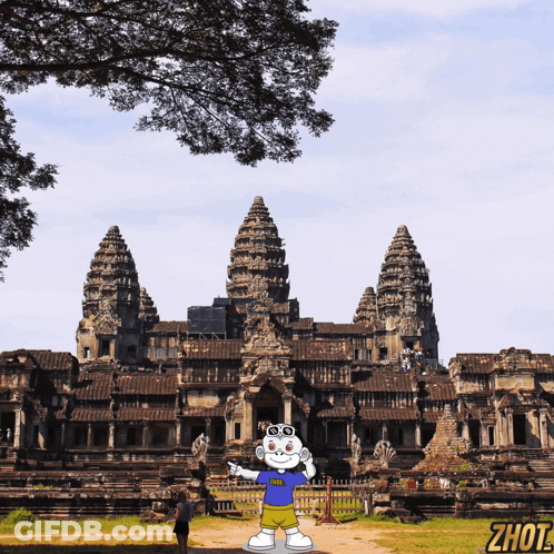 Cartoon Character In Front Of Old Building With Zhot GIF