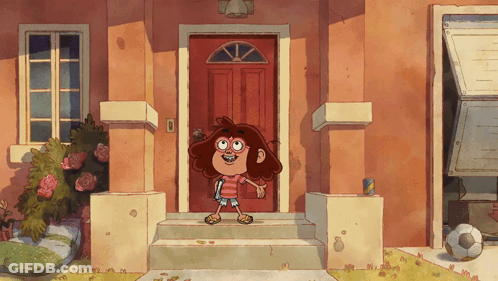 Cartoon Character In Front Of Red Door GIF