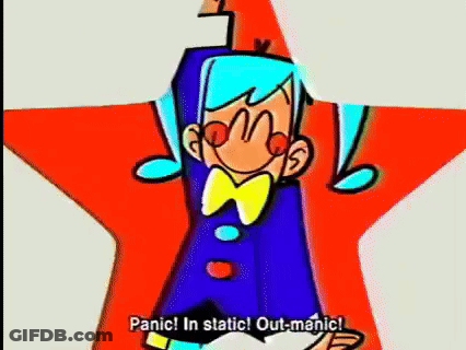 Cartoon Character In Front Of Red Star Saying Panic In Static Out-Manic GIF