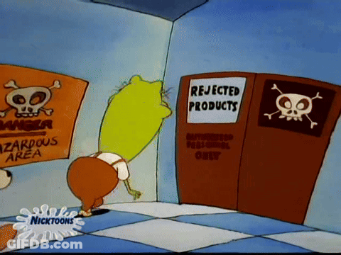 Cartoon Character In Front Of Rejected Products Door GIF