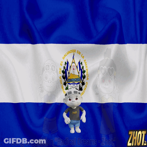 Cartoon Character In Front Of Salvador En La America Flag GIF