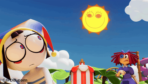 Cartoon Character In Front Of Smiley Sun GIF